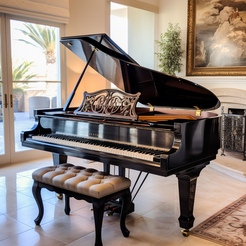 A baby grand piano setup in a house.