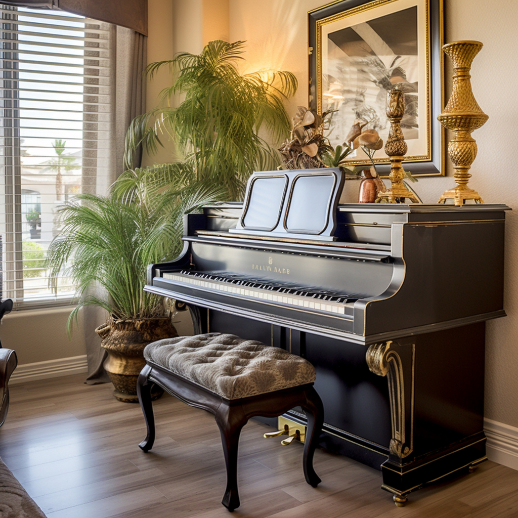 An upright piano inside of a home.